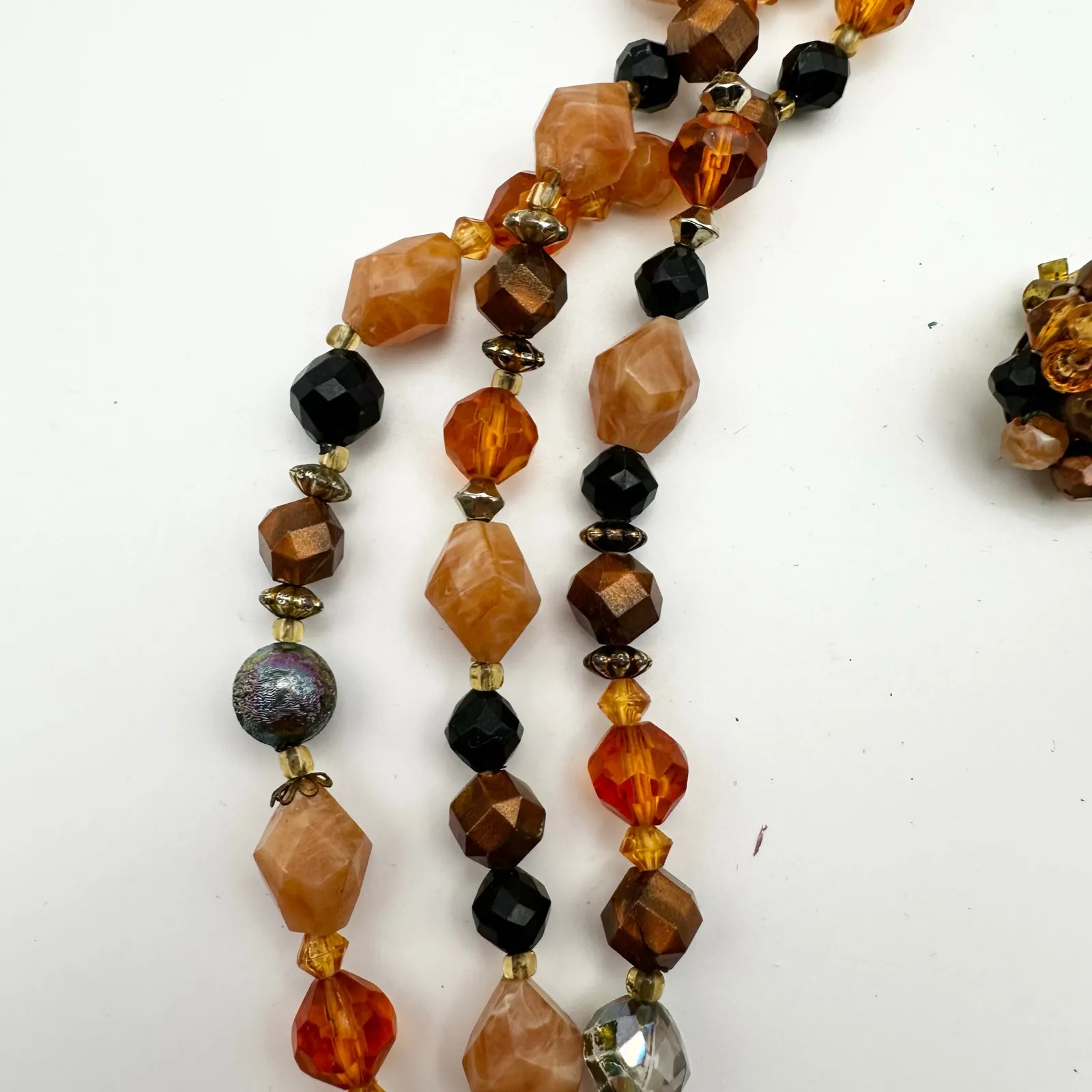 Vintage Western Germany Marked Faceted Neutral Stone Triple Strand Necklace Set Orange - Image 3