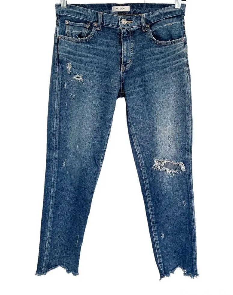 Moussy Vintage Glendale Mid Rise Skinny Distressed Jeans Sz 29 Raw Cut Hem Blue - Image 3
