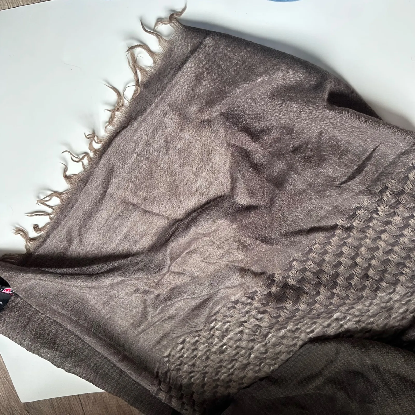 MODELAMA 100% Wool Scarf Brown Geometric Pattern Fringe Made in India - Image 5