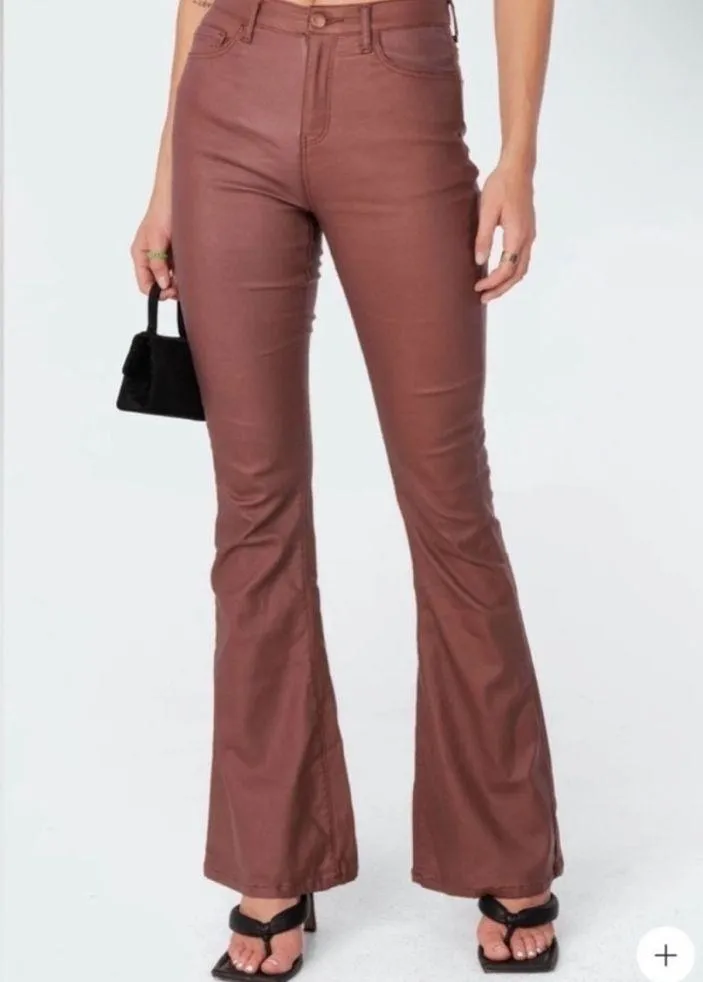 Edikted  Luna Faux Leather Flare Leg Pants Brown Size Small Going Out Date Night - Image 5