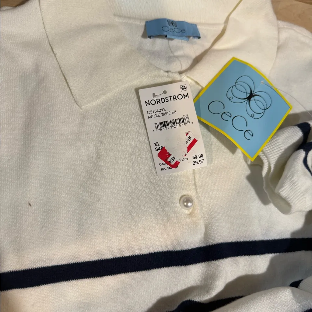 NWT CeCe Nordstrom white with stripe Polo lightweight Sweater size XL - Image 4