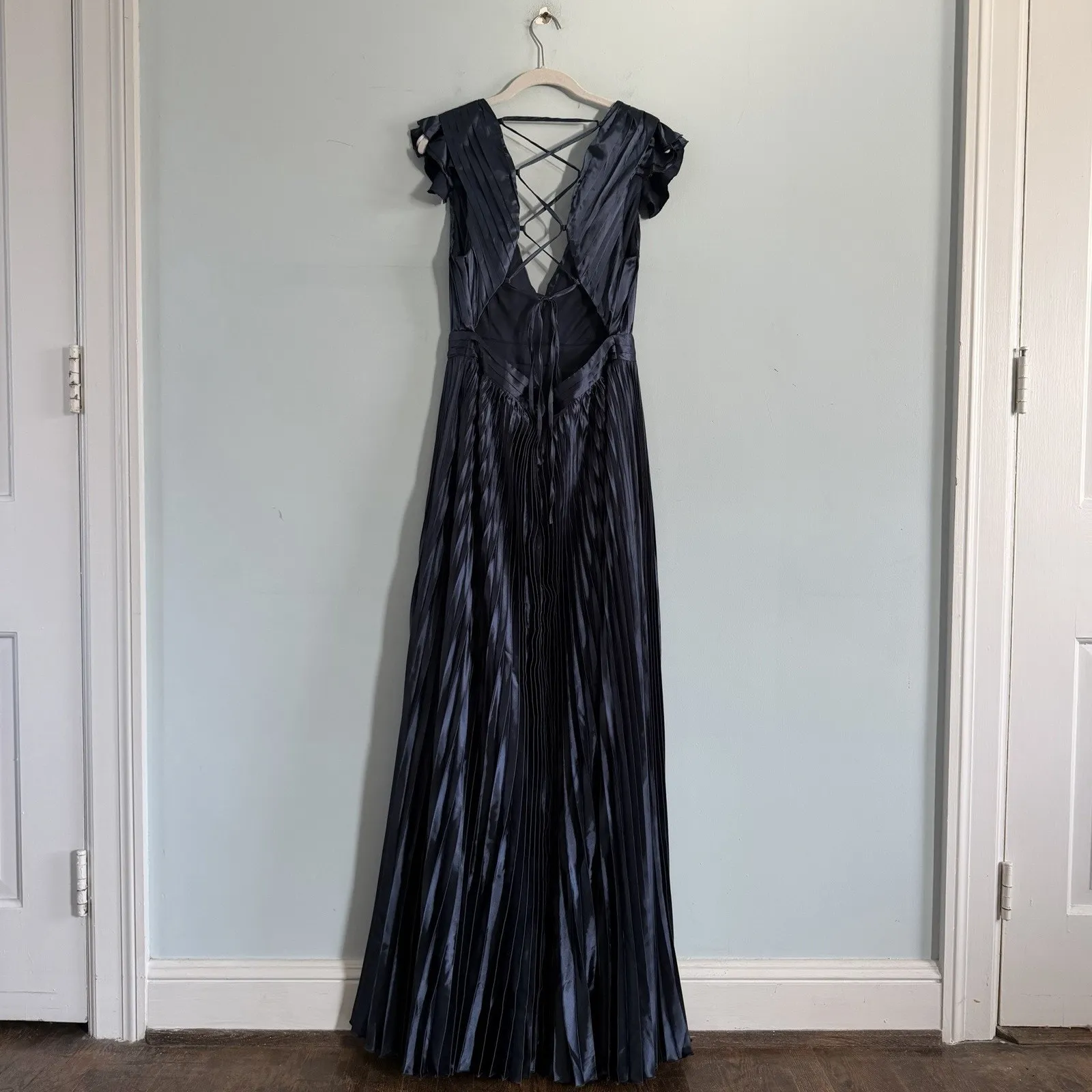 NWT Lulus Exceptional Drama Navy Blue Satin Lace-Up Pleated Maxi Dress - Image 4