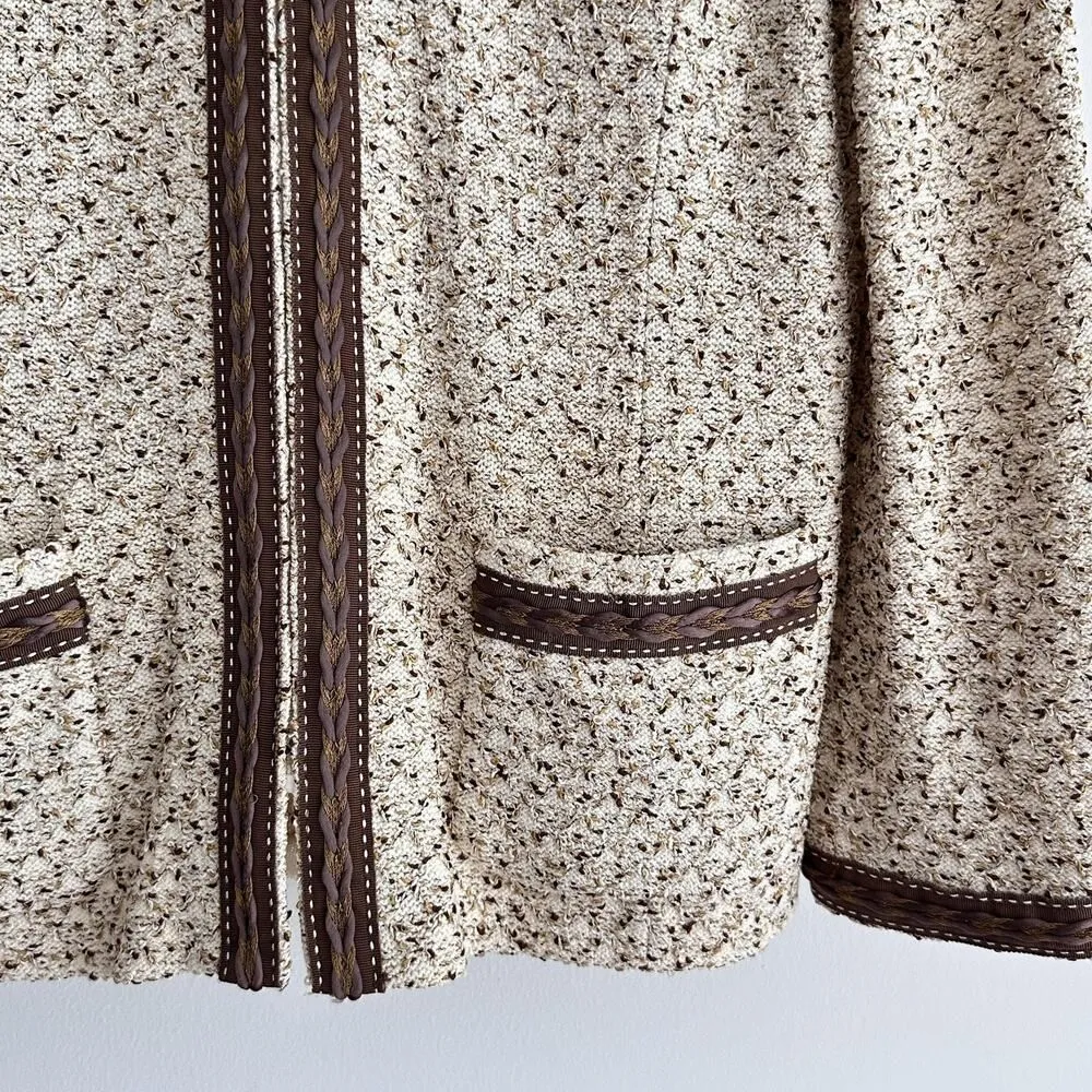 St John Jacket Womens 12 Brown Tweed Pattern Knit Zip Front Braided Trim Elegant - Image 9