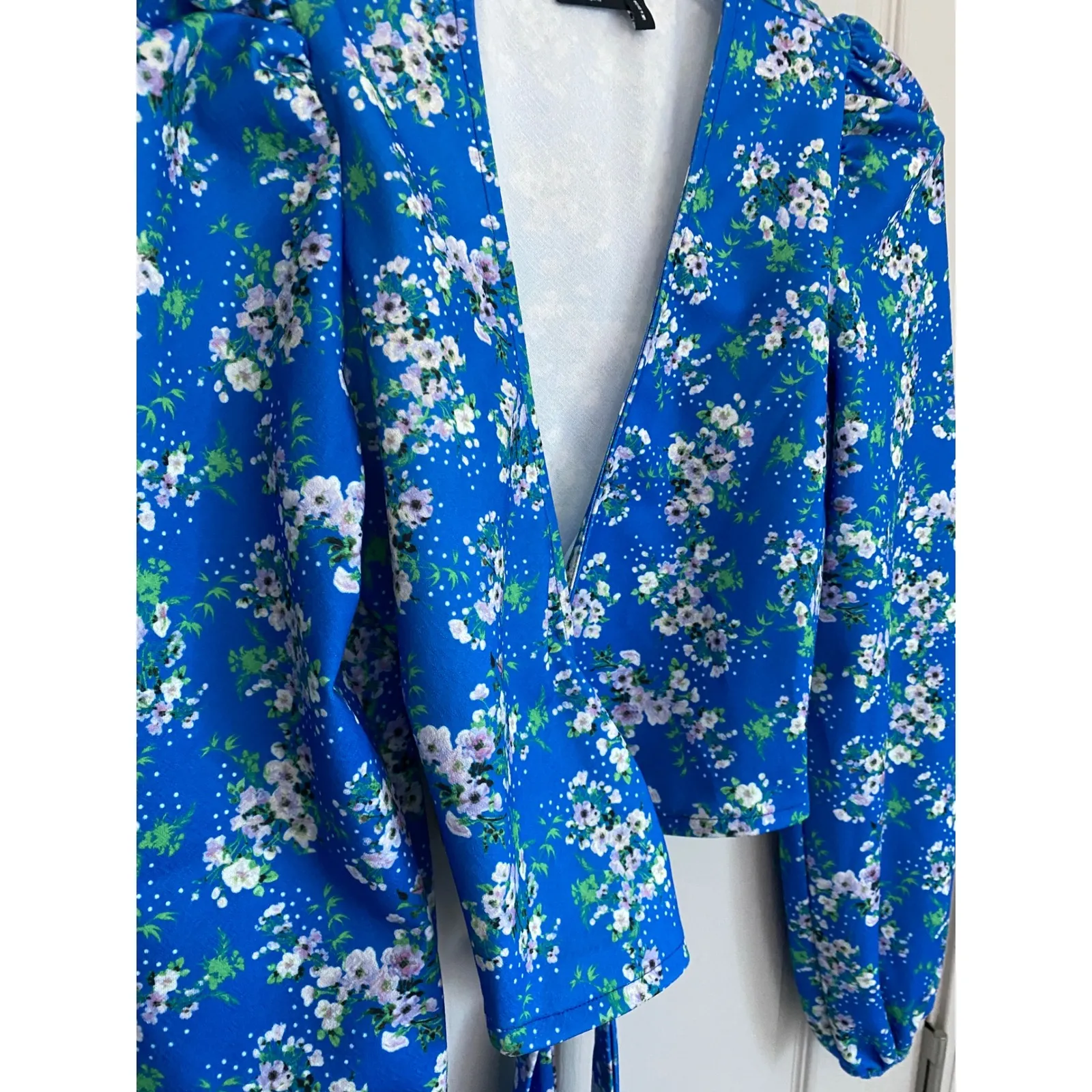 ASOS DESIGN wrap top w/ long volume sleeve in ditsy print blue floral US 2 - Image 10