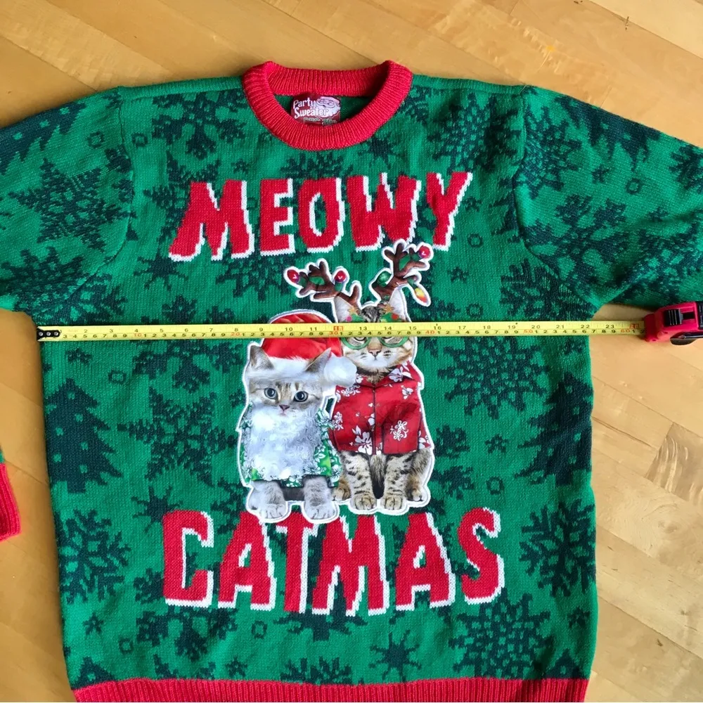 Party Sweater “MEOWY CATMAS” Ugly Holiday Sweater, Green, Red, Size L Green Size L - Image 9