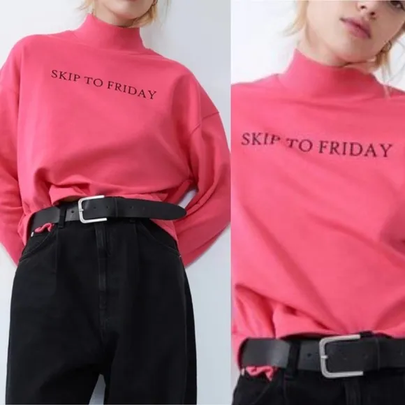 Zara Sweatshirt Skip To Friday Hot Pink Mock Neck Long Sleeve Womens Medium - Image 2