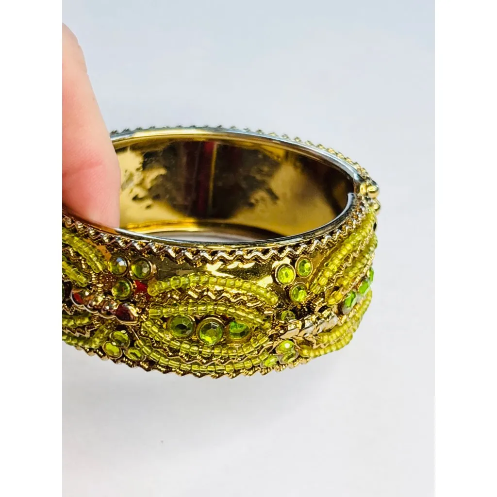 Vintage Twos Company India Gold Hinged Bangle Bracelet With Green Beading & Rhin - Image 4