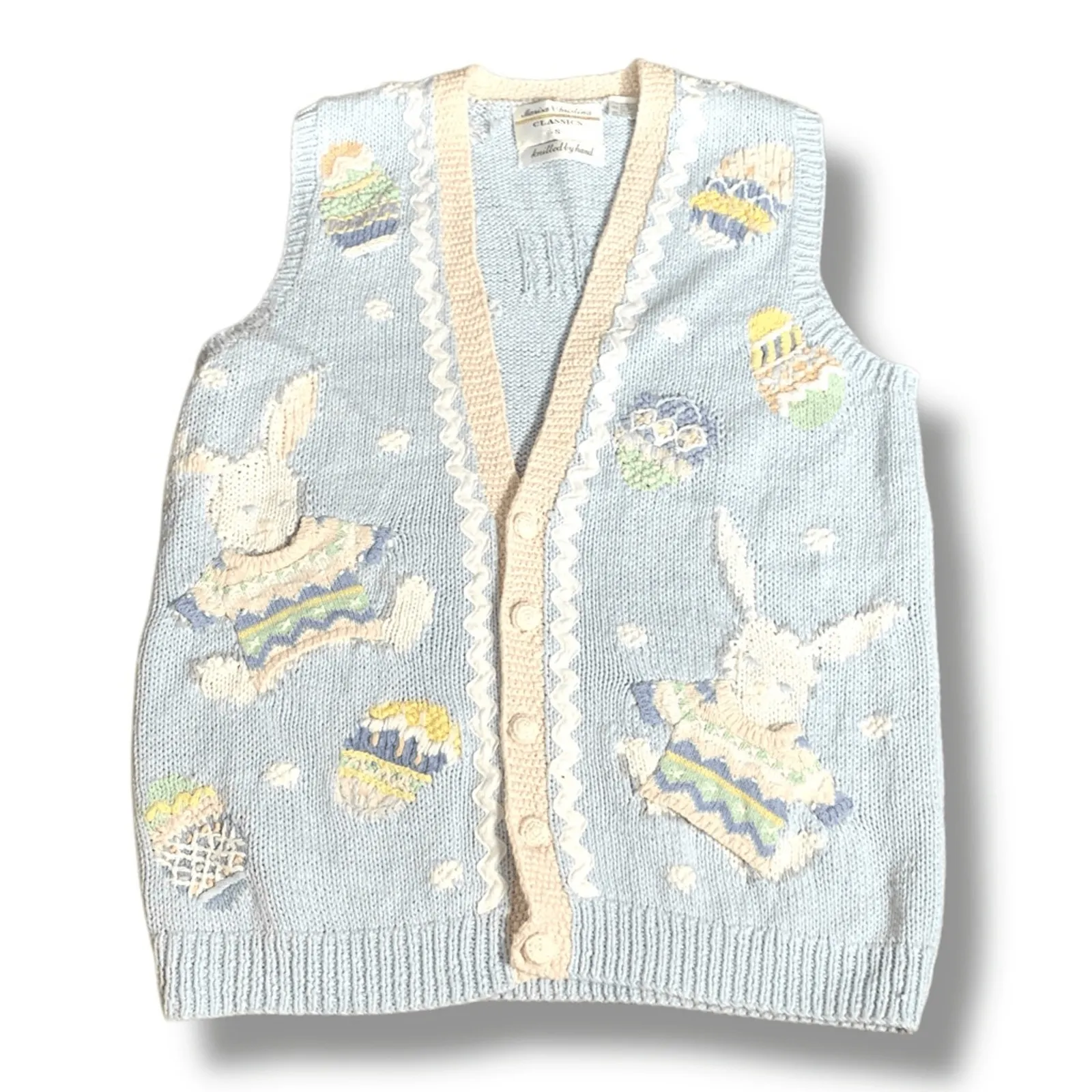 Vintage 90s Hand Knit Bunny Sweater Vest Pastel Blue Spring Size Small Whimsical - Image 10