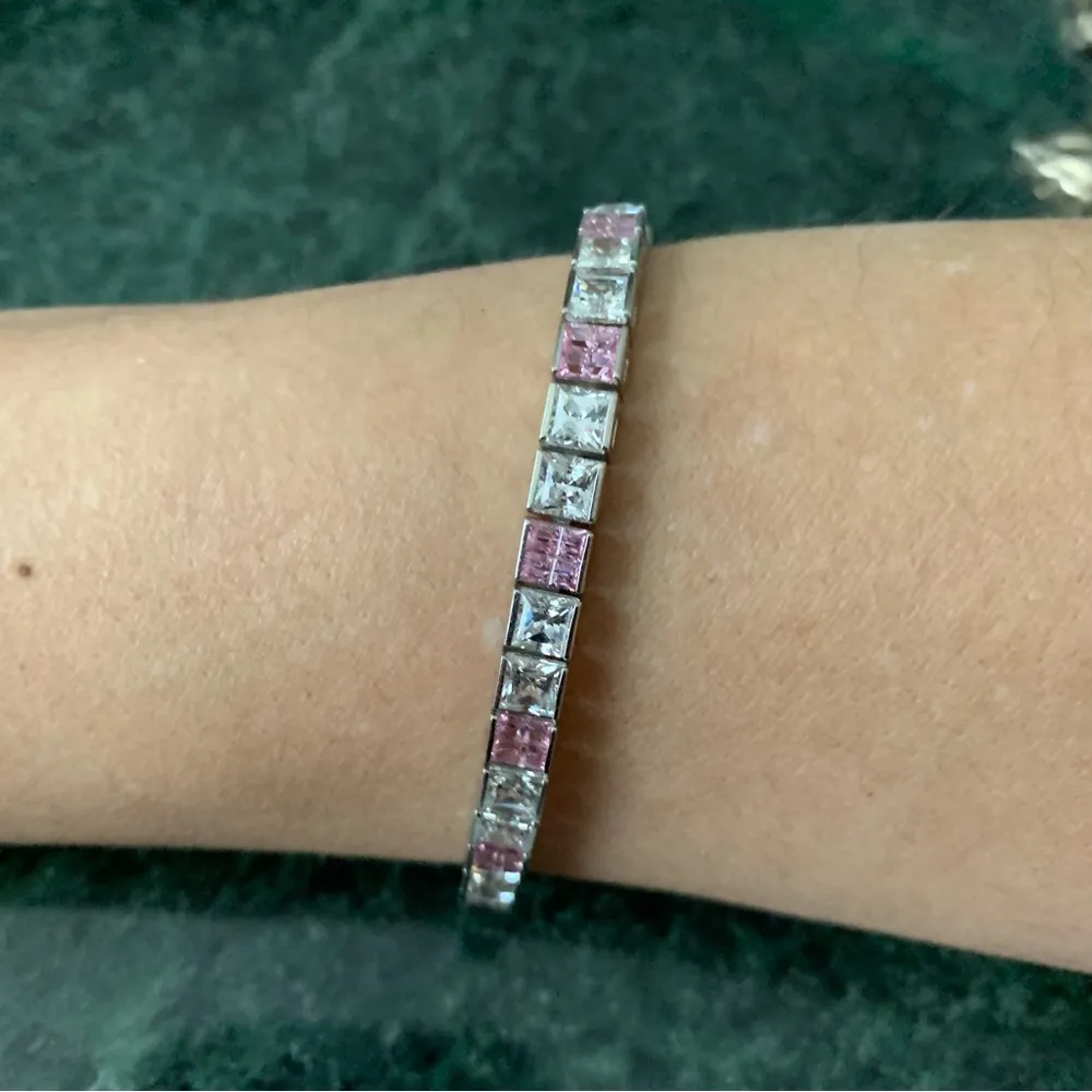 Sterling Silver Pink Clear Princess Cut Cubic Zirconia Tennis Bracelet 7.5" - Image 3