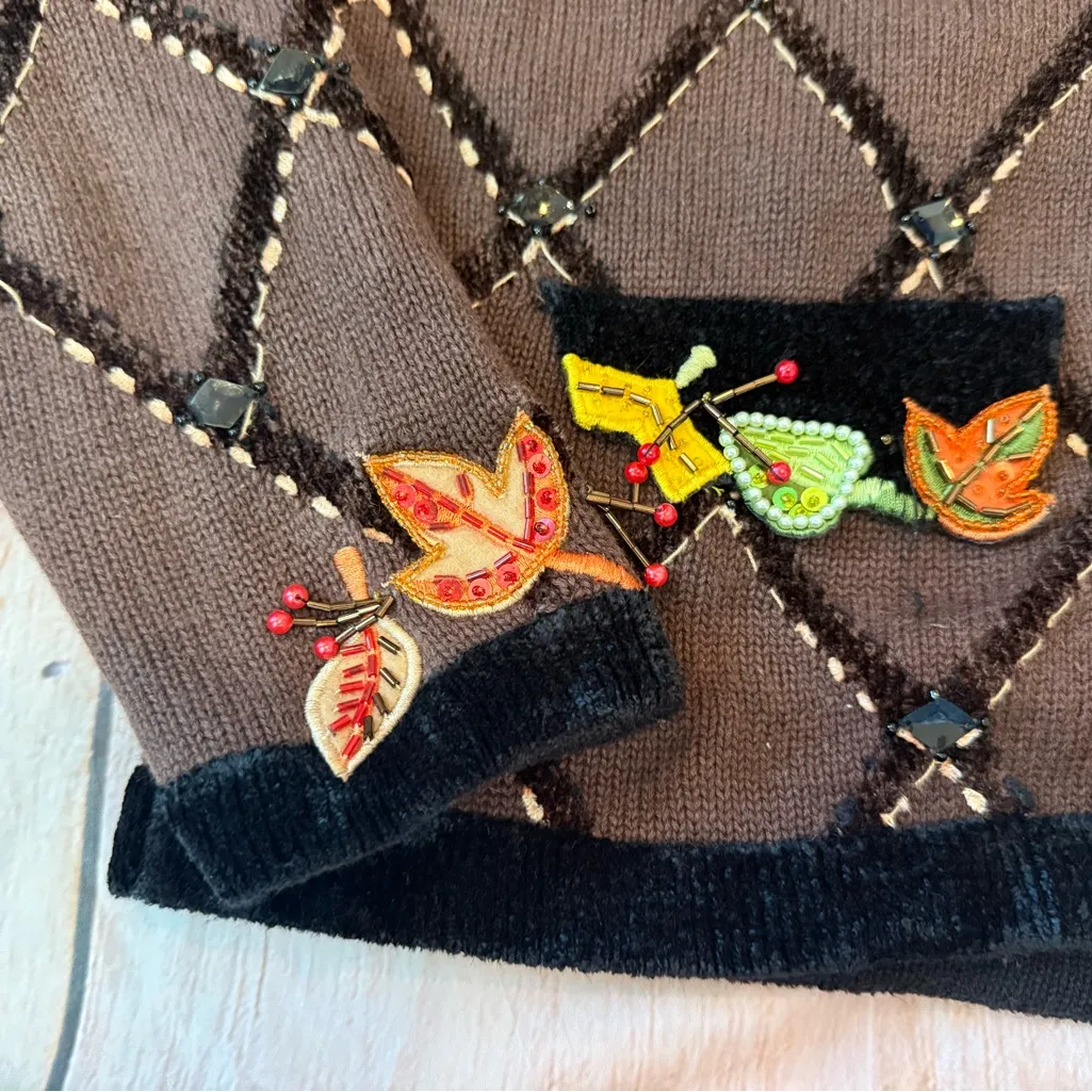 Berek Cardigan Fall Sweater Brown Beaded Medium Thanksgiving Grannycore Vtg - Image 3