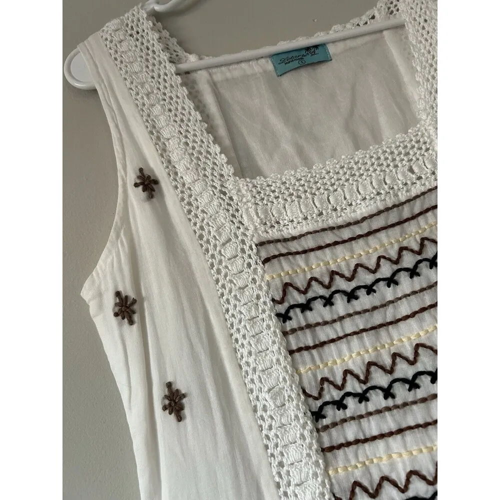 Letarte Handmade Crochet Embroidery Cotton White Beachy Mini Dress Size Small - Image 7