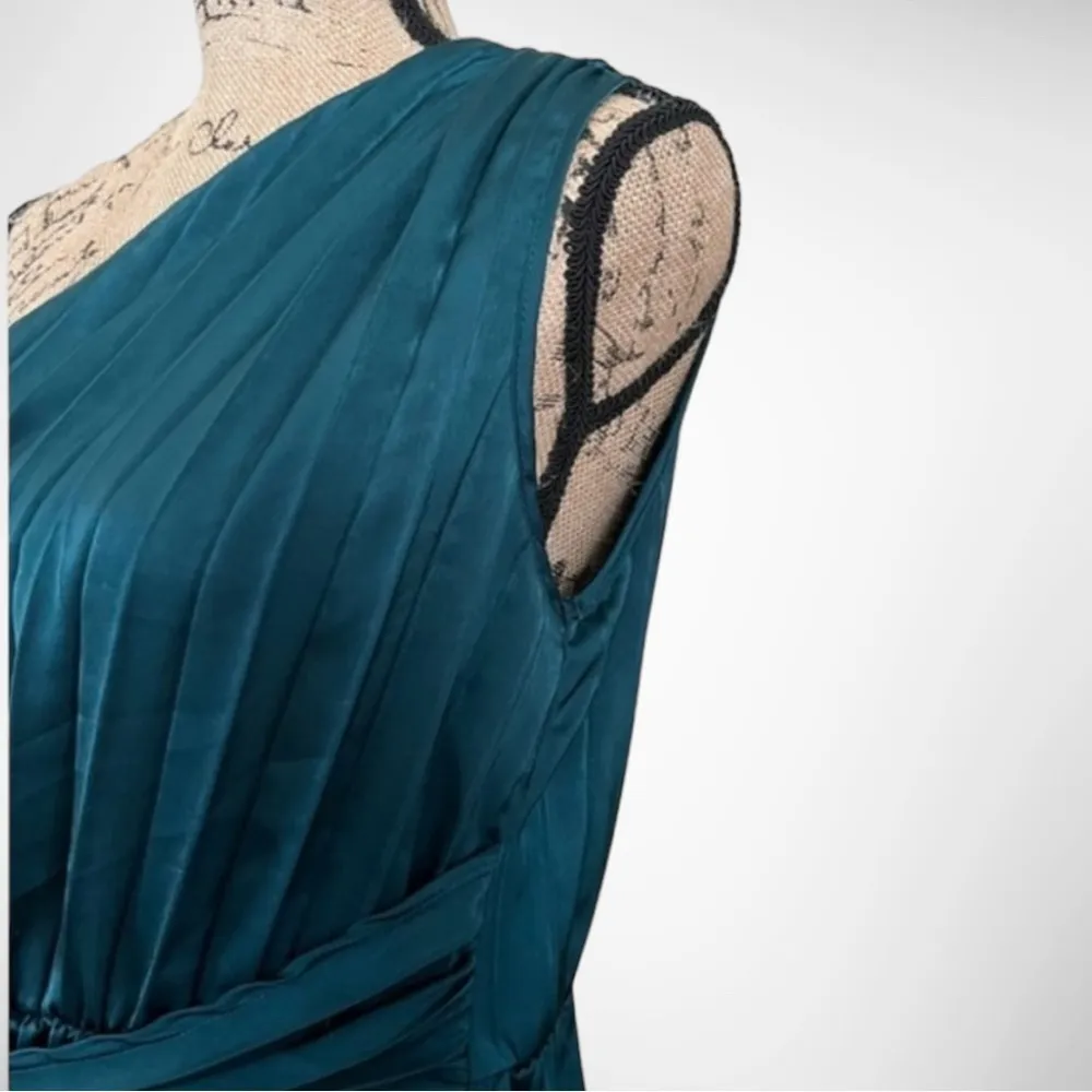 NWT Asymmetrical Pleated‎ One Shoulder Satin Teal Dress | Medium - Image 2