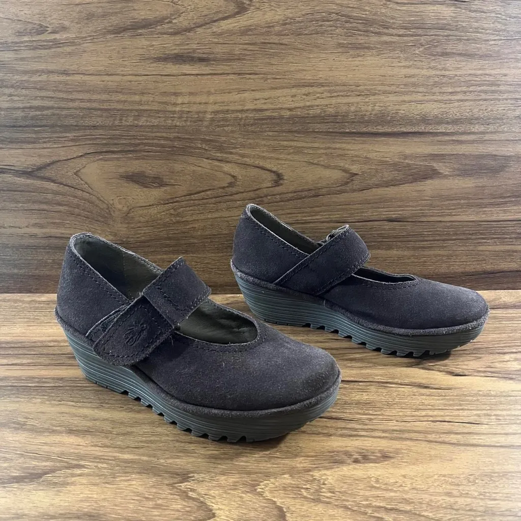 Fly London Womens 36 Robi Brown Suede Mary Jane Wedge Adjustable Strap 2" Lift - Image 2