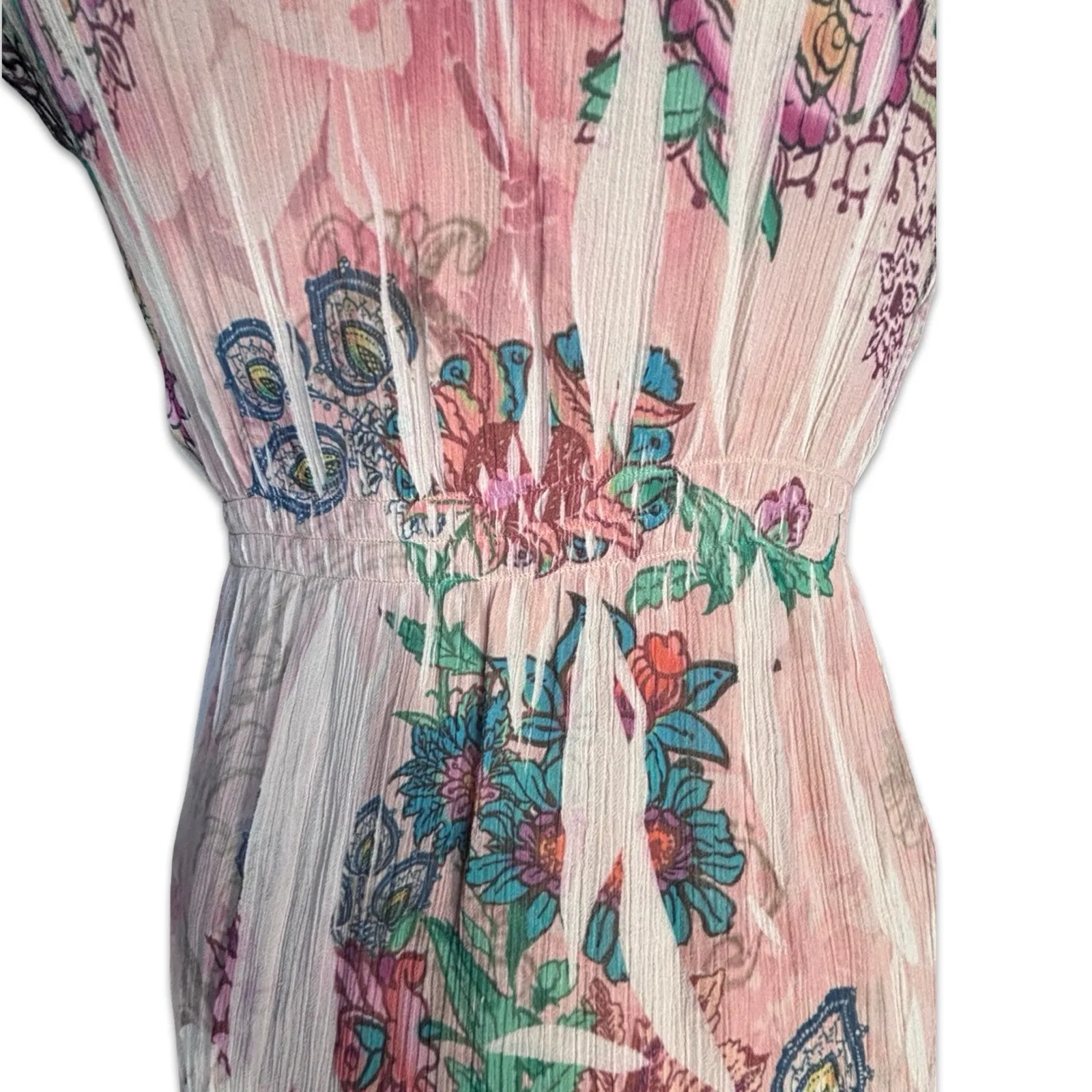 Y2K Mushka Sienna Rose Sheer Floral Crinkle Babydoll Top Fairycore Bohemian Pink Size L - Image 6