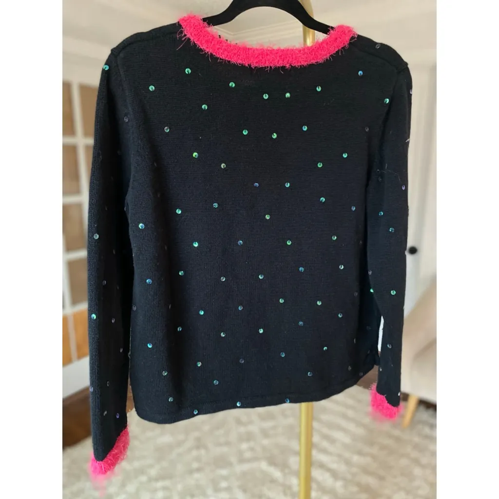 Vintage Sequin Christmas Tree Sweater Pink Trim M Festive Winter Mandal Bay Boho Black Size M - Image 3