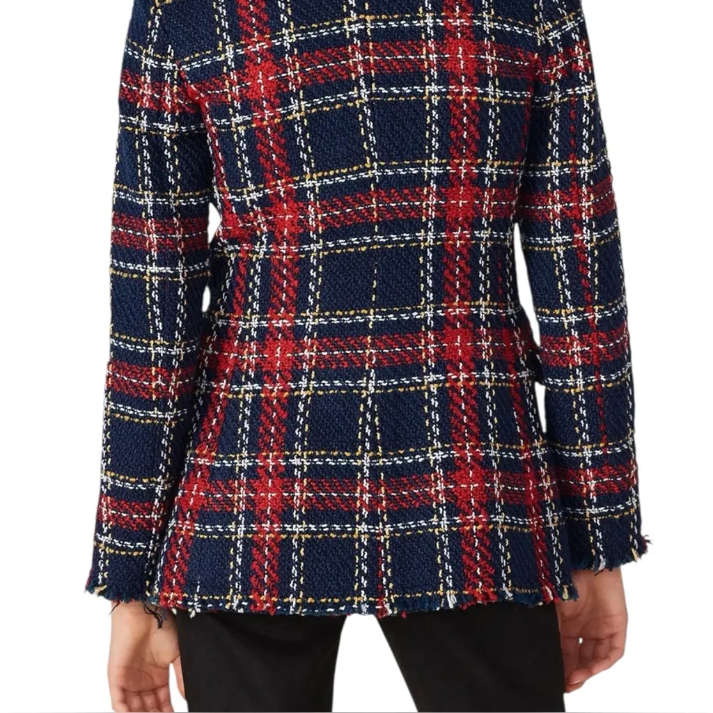 Blank NYC Prep School Plaid Tartan Red / Navy Double Breasted Tweed Blazer M - Image 2