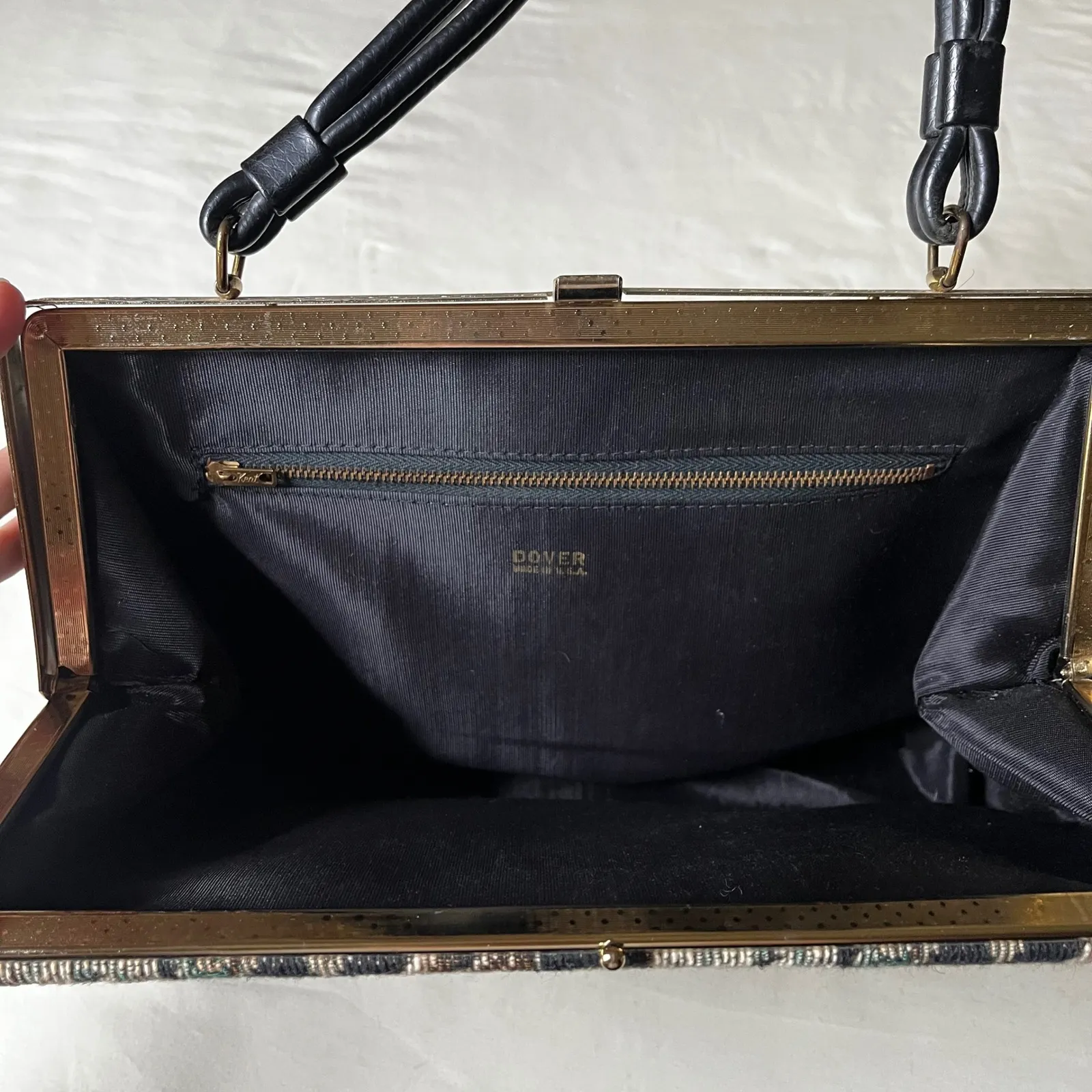 Vintage Dover Floral Tapestry Carpetbag Purse Black Gold Frame Top Handle - Image 5