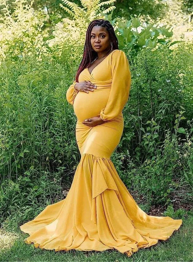 NEW Long Chiffon Mermaid Maternity Dress Photoshoot Baby Shower XS Yellow Size undefined - Image 3