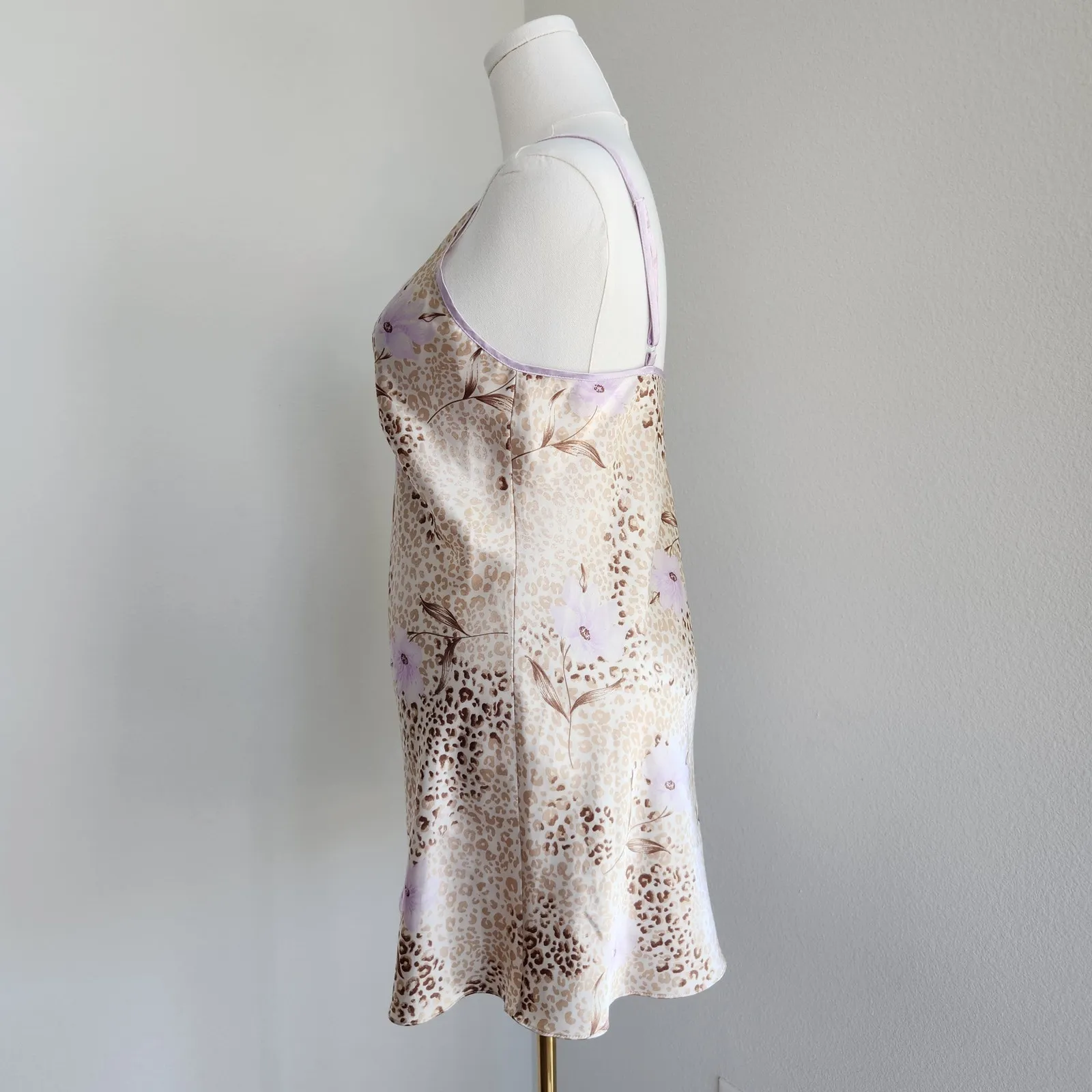 Vintage Y2K Jones New York Beige Leopard Floral Satin Slip Dress Lilac Trim L - Image 3