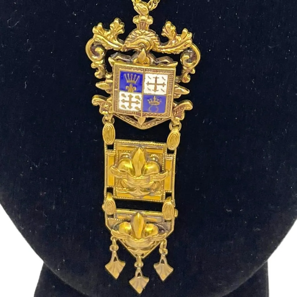 Vintage 1940s Gold Cross Enamel Fleur de Lis Enamel Crown Pendant Necklace - Image 3