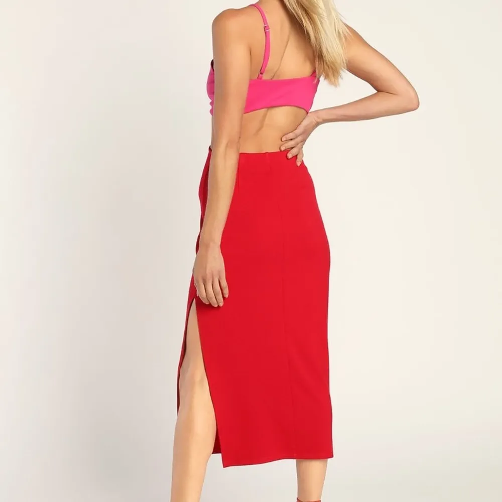 Lulus Posh Babe Red and Pink Color Block Cutout Midi Dress - Image 7