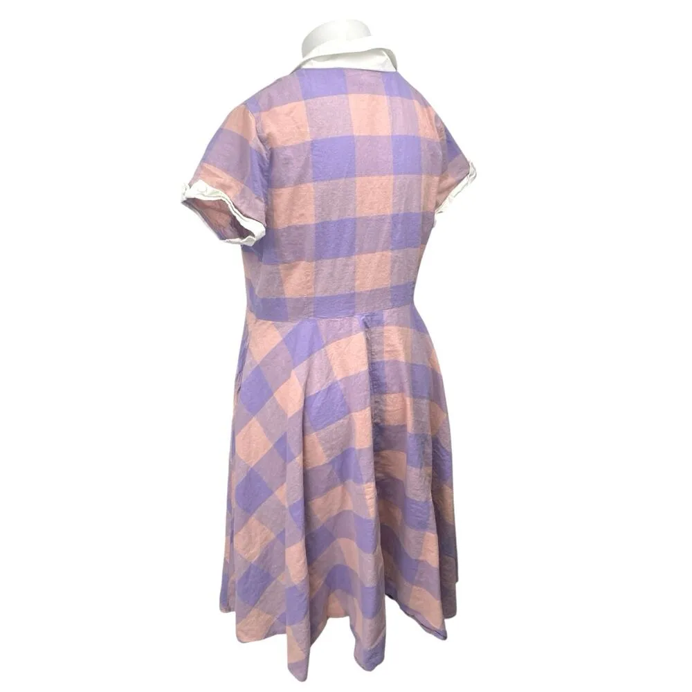 Unique Vintage Purple Plaid Checkered Short Sleeve Button Midi Shirt Dress 2XL - Image 2