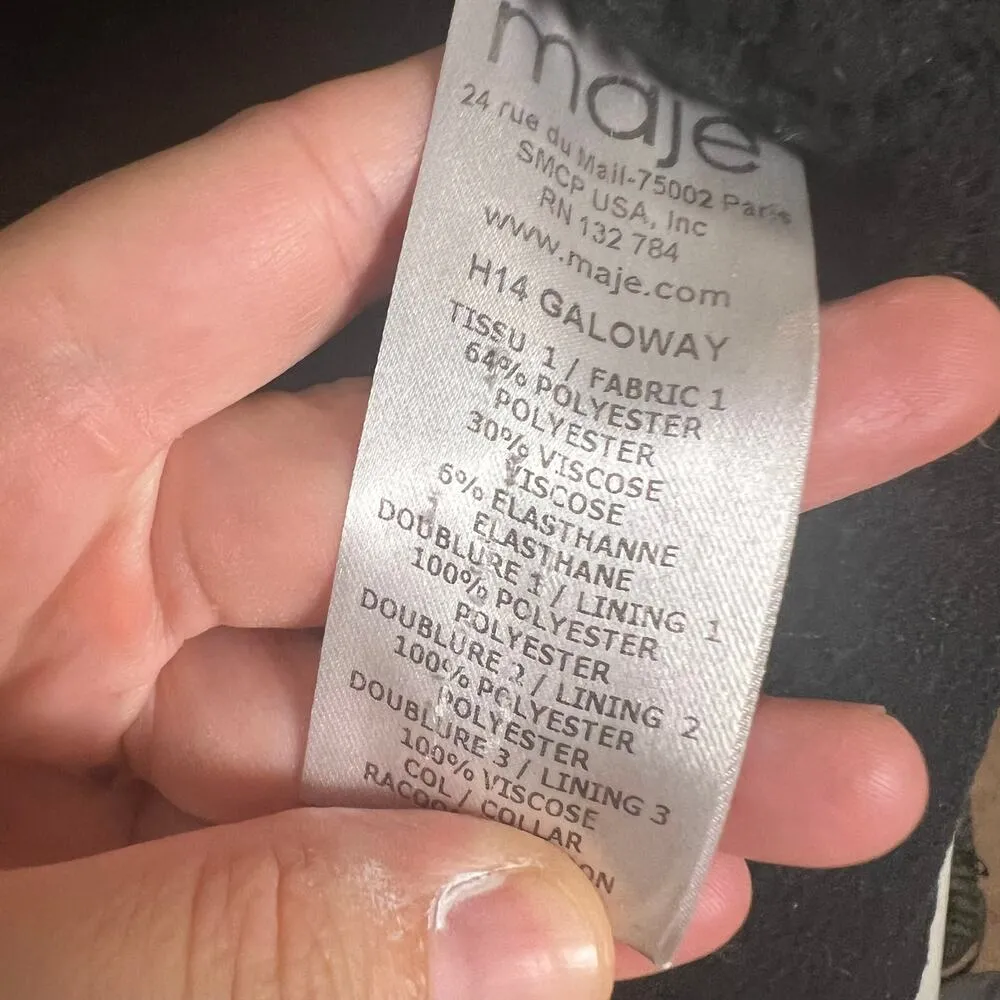 Maje Dark Blue Raccoon Fur Trim Hooded Sherpa Parka Coat Size Large - Image 10