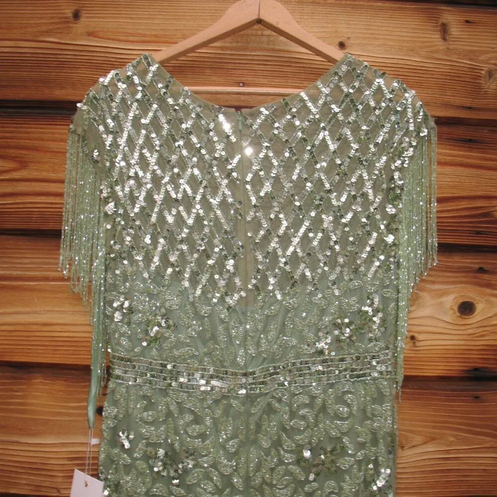 MAC DUGGAL 4908 Green High Neck Sleeveless Beaded Fringe Fitted Gown 4 - Image 10