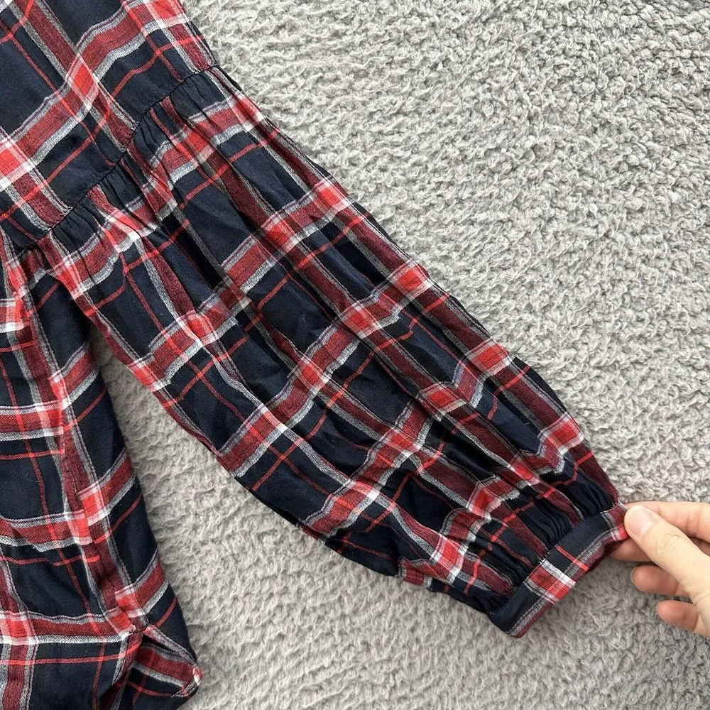 Loft Puff Sleeve Plaid Button Up Shirt Casual Preppy Office Travel‎ Women's M - Image 2