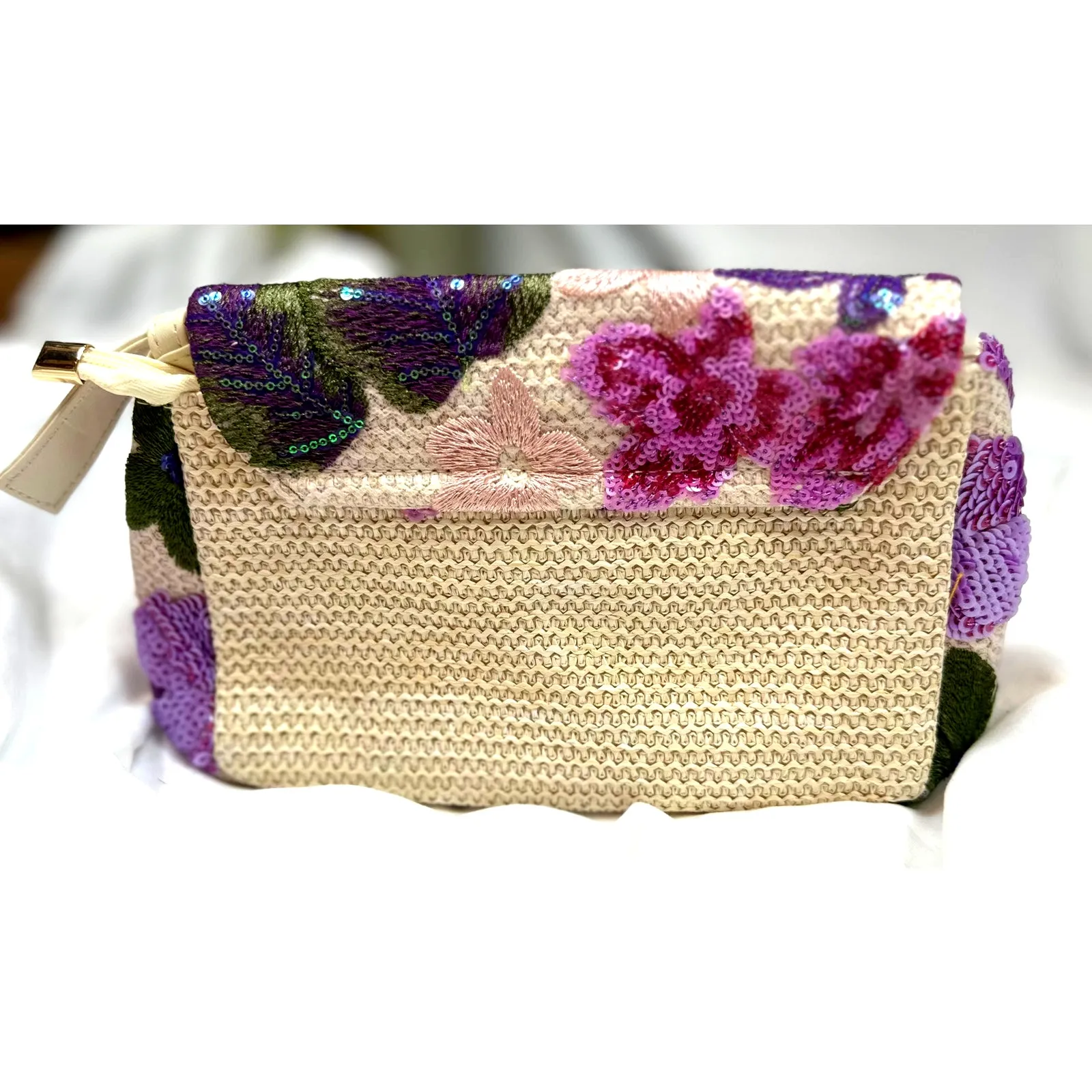 8 Other Reasons Floral Sequined Clutch/Shoulder Bag Purple Pink Green - Image 11