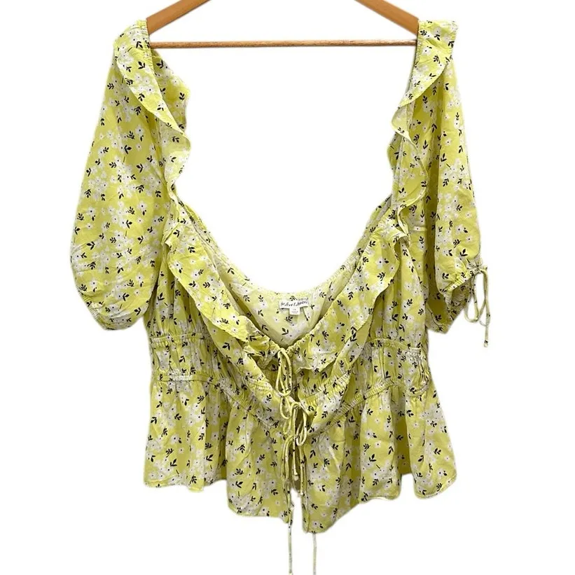 For Love & Lemons Yellow Chrysanthemum Tiered Tie-Front Blouse Coquette Cottage - Image 3