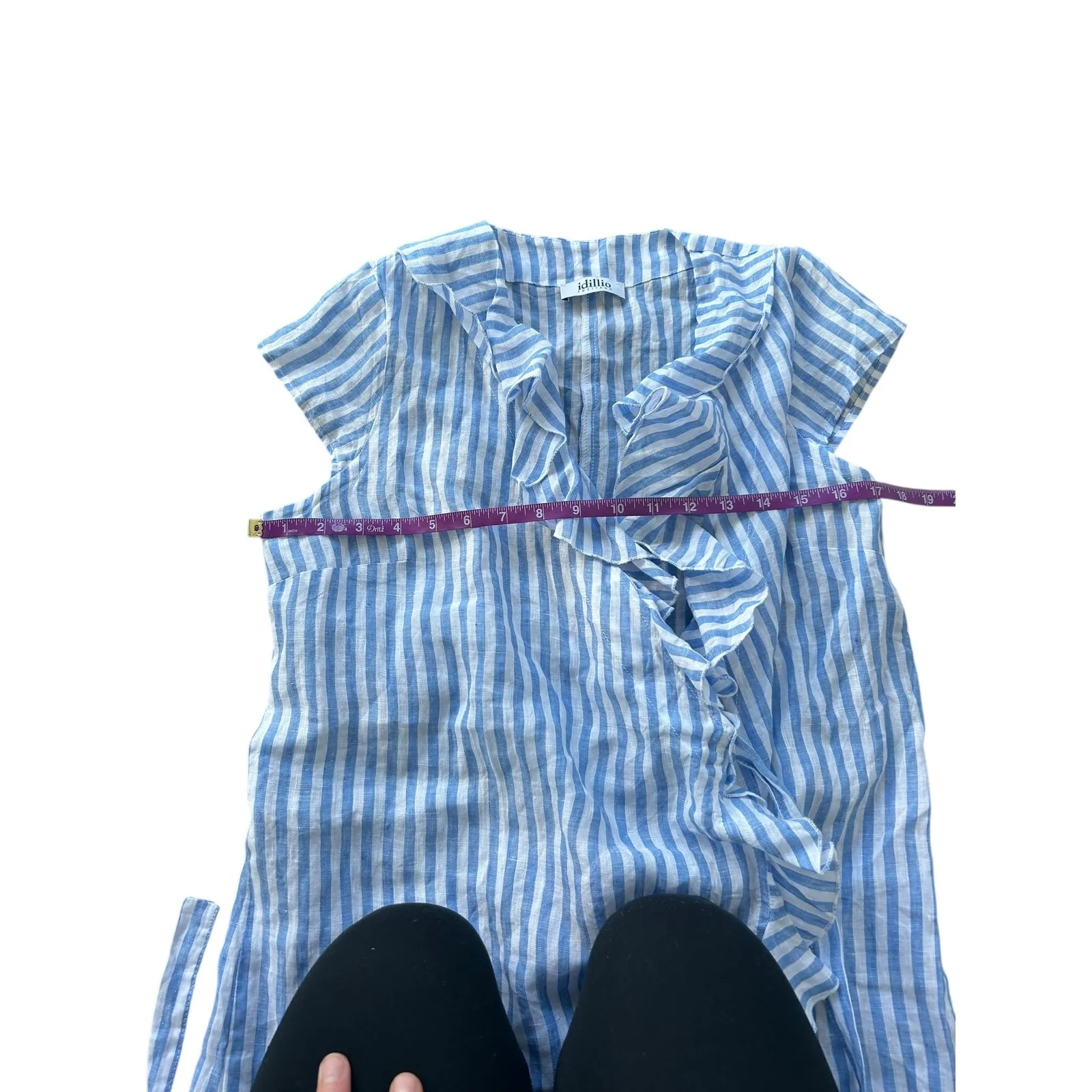 idillio Positano Blue White Stripe Ruffle Wrap Dress Linen Blend Medium - Image 5