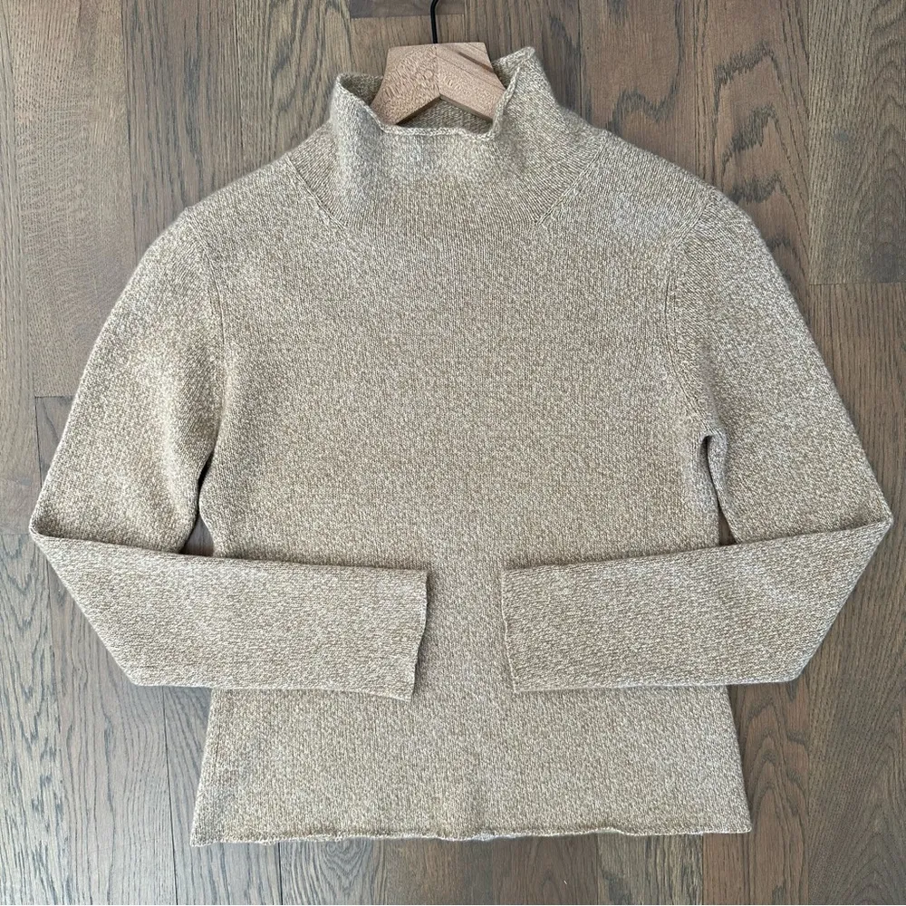 TSE 100% Cashmere Classic Knit Funnel Neck Sweater Tan and White Melange Small - Image 2
