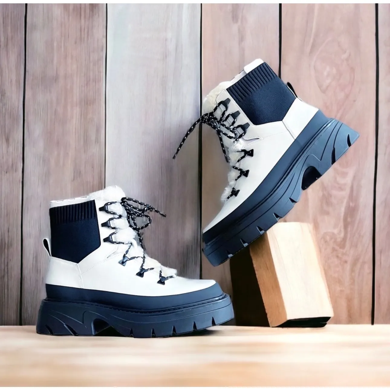 New! Marc Fisher Izuma Lugsole Boots in White/Black - Size 7.5 (MSRP $259) - Image 2