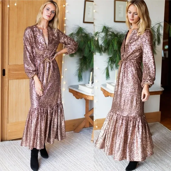 Emerson Fry Frances Rose Gold Chestnut Sequin Maxi Dress sz S - Image 2
