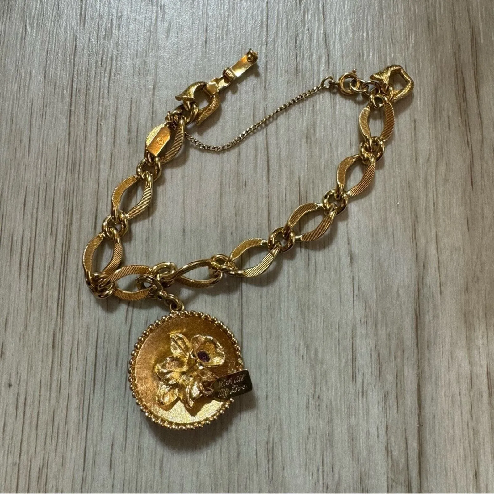 Vintage 1960s Monet All My Love Gold‎ Tone Link and Amethyst Bracelet - Image 6