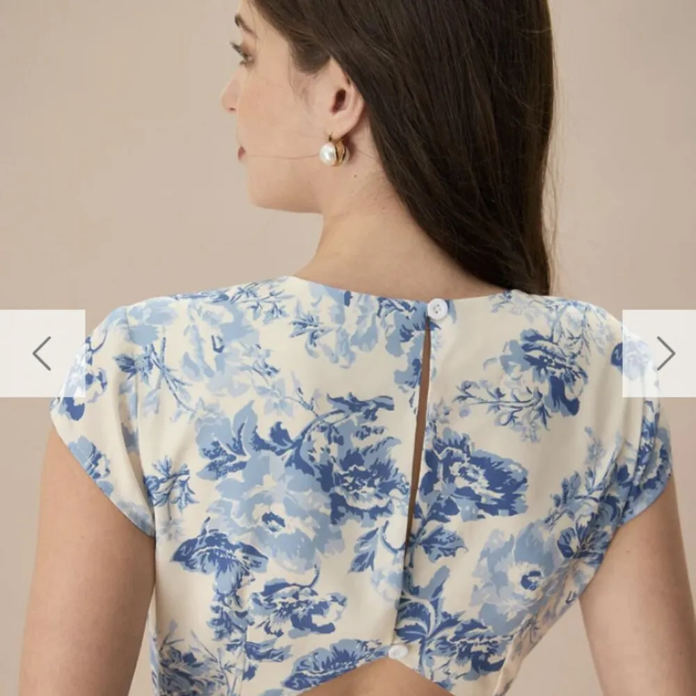 RIHOAS The Blue Round Neck Cap Sleeve Floral Midi Dress White Size XL - Image 5