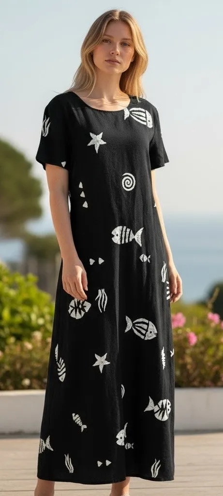 Vintage Connie Choi Dress Womens M Black Fish Shell Nautical Resort Coconut Girl Size M - Image 1