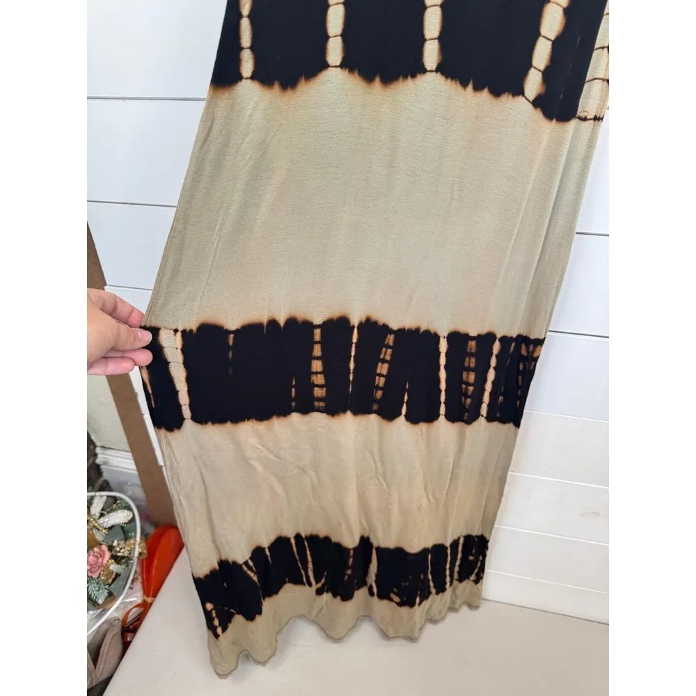 Go couture Maxi Fitted Dress Size L Tan Black Sleeveless Racerback Tie-Dye Boho - Image 8