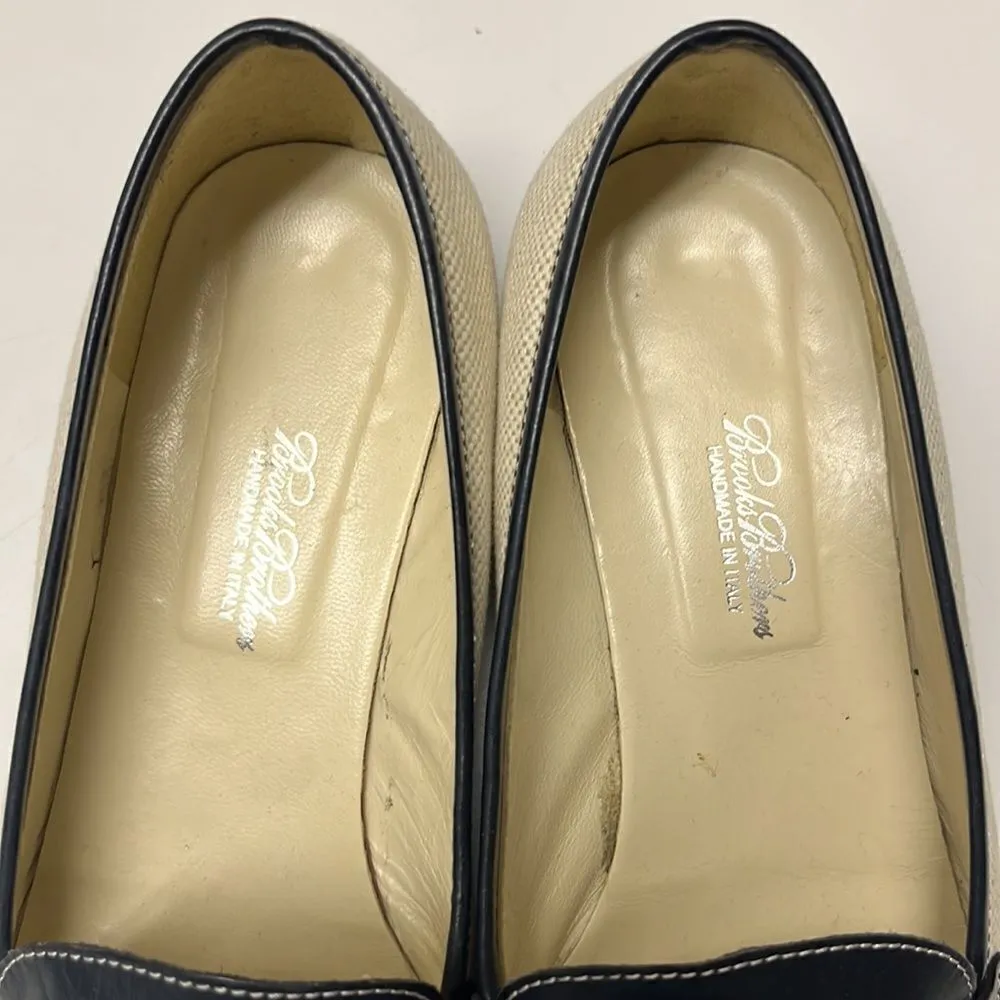 Brooks Brothers Beige Navy Twill and Leather Classic Slip-On Loafers- Size 8 - Image 6