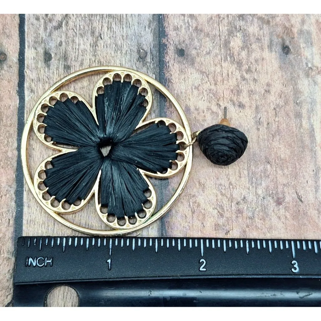 Cute Boho Gold Tone & Black Raffia Floral Flower Statement Drop Dangle Earrings - Image 7