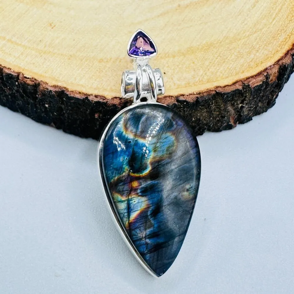 Purple Labradorite & Amethyst Pendant – Madagascar Gemstone, 925 Sterling Silver - Image 1