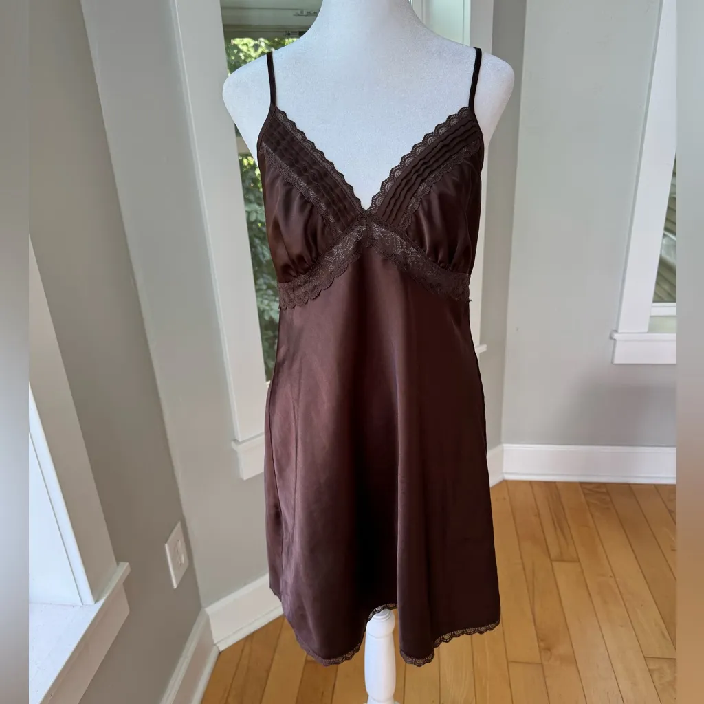 Vintage 90s Secret Treasures Chocolate Brown Satin Lace Slip Dress Size Medium - Image 6