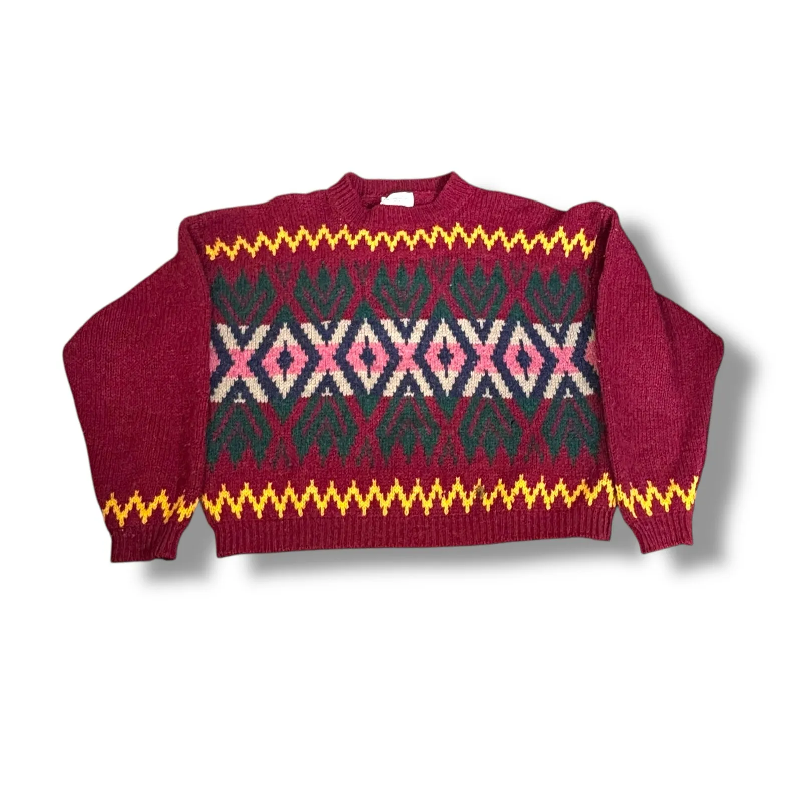 Vintage Benetton Shetland Wool Sweater Colorful Southwest Geometric Knit Cropped Red Size M - Image 6