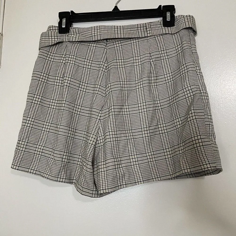 Stradivarius Belted Tan plaid side slit Skirt high waist mini shorts size US 8 - Image 5