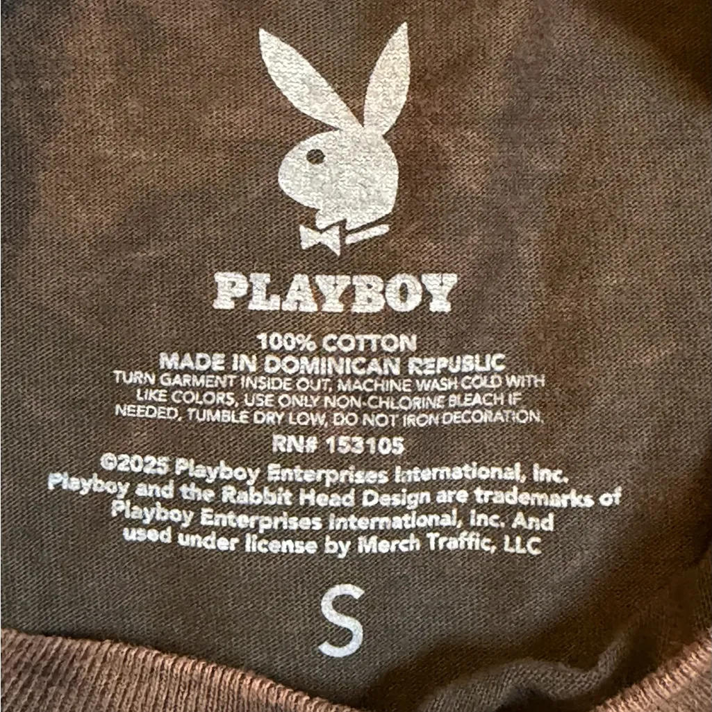 Playboy Horseshoe Bunny 1953 graphic tee shirt brown vintage acid wash Small - Image 4