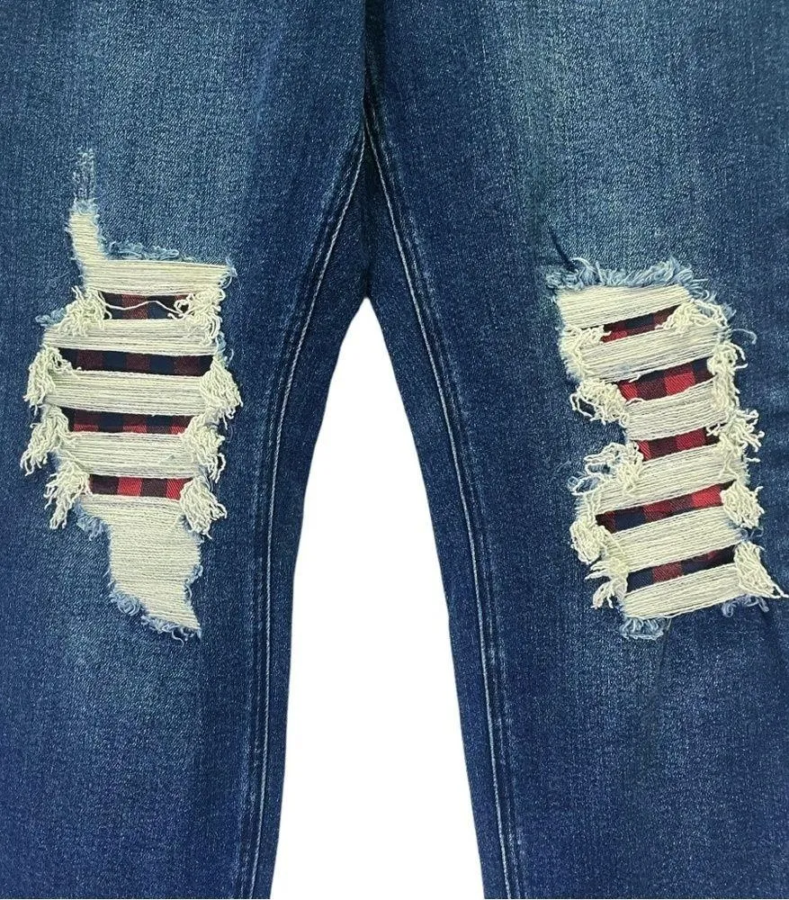 Judy Blue Buffalo Plaid Patch Midrise Cuffed Boyfriend Jeans Dark Wash Size 29 - Image 9