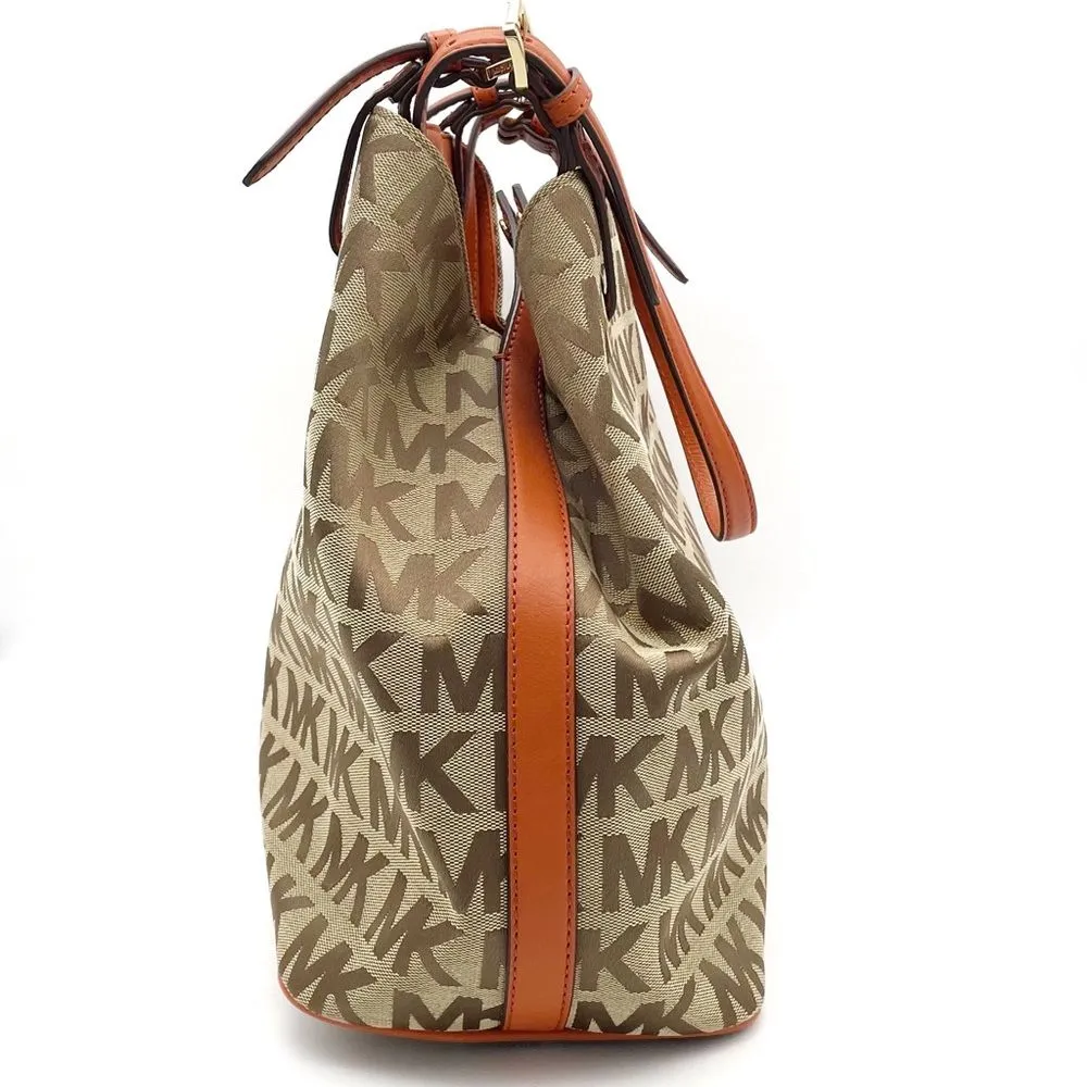 NEW MICHAEL Michael Kors Beige Tan Orange Signature Canvas & Leather Tote Large - Image 4