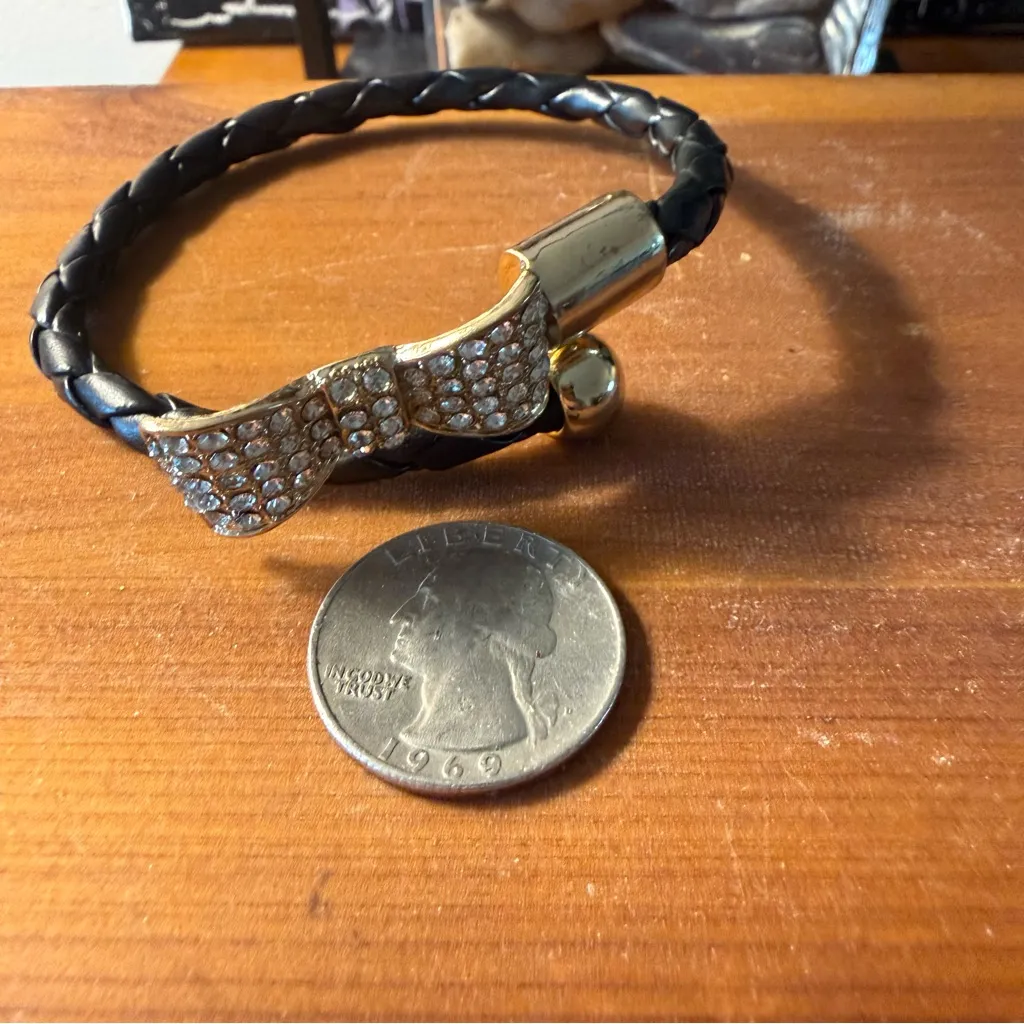 Nena Fashion Black, Braided Faux Leather Bow Rhinestone Bracelet New without Tag Black - Image 7