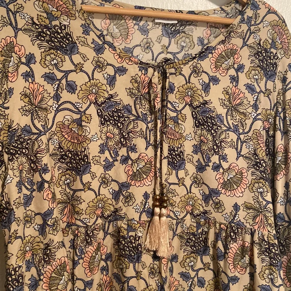 Lascana Floral Peasant Tie Front Blouse Tan Size 12 - Image 2